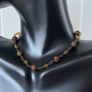 Brown stone, amber beads and brass bracelet